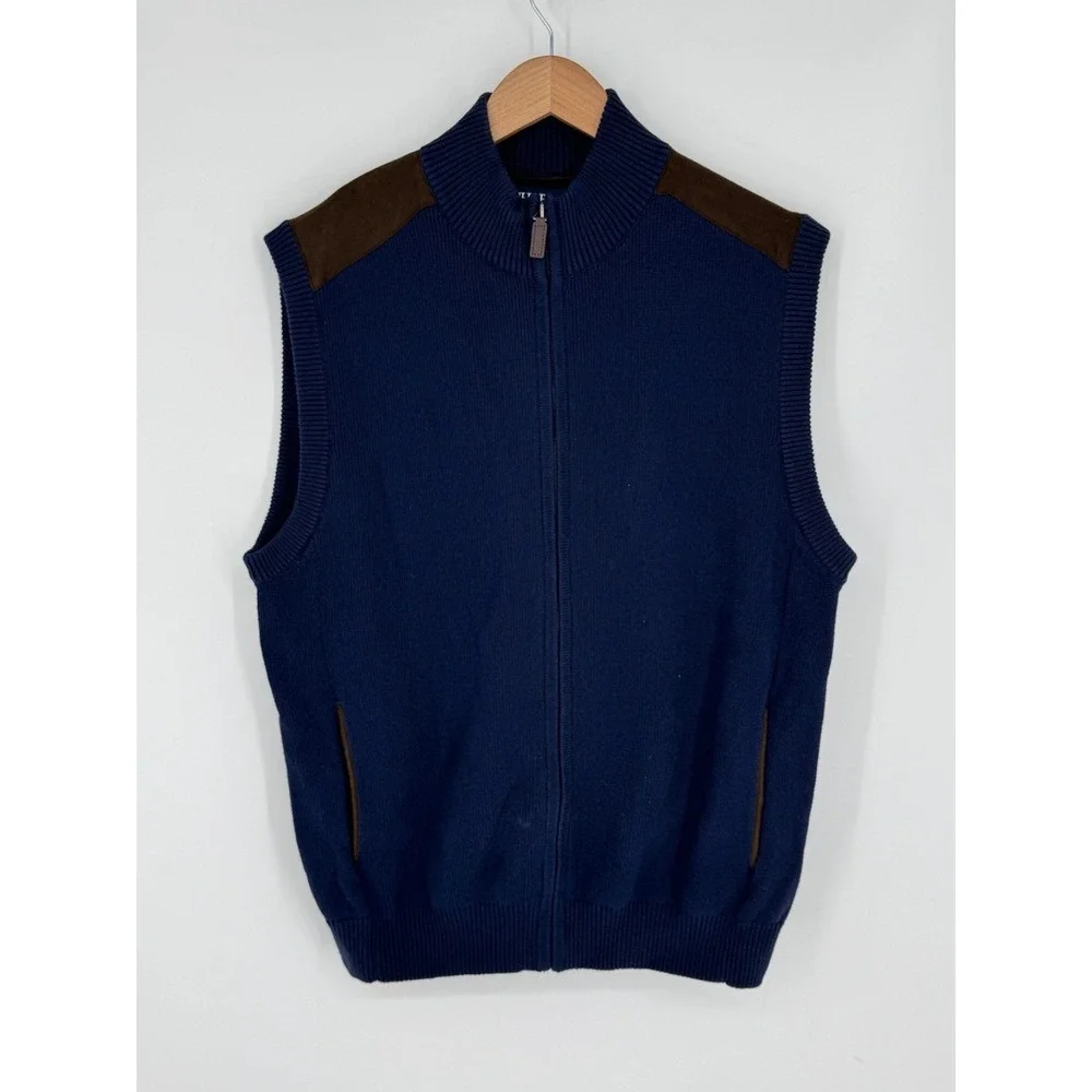 Chaps Sweater Vest Men's Large Full Zip Navy Microsuede Trim Pockets Cotton M1